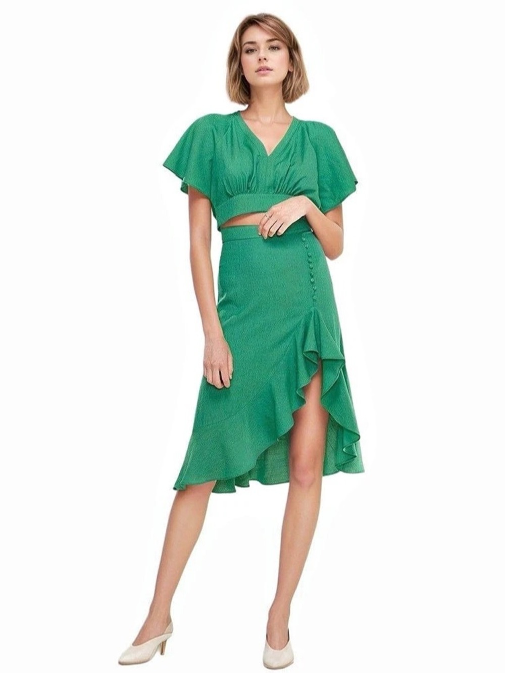 Cindy Asymmetrical Hem High Waisted Flutter Midi Skirt